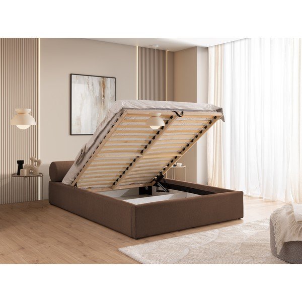 Brūna polsterēta divvietīga gulta ar veļas kasti ar redelēm 160x200 cm Cille – Ropez-image-4