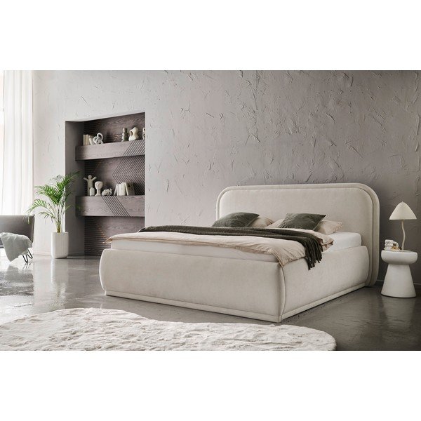 Krēmkrāsas polsterēta divvietīga gulta ar veļas kasti ar redelēm 160x200 cm Soma – Meise Möbel-image-3