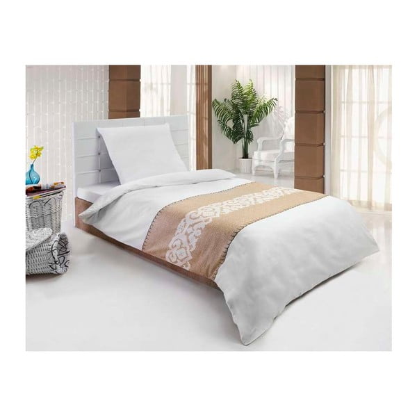 Satīna gultasveļa ar spilvenu Sukran Beige, vienvietīga gulta, 135x200 cm