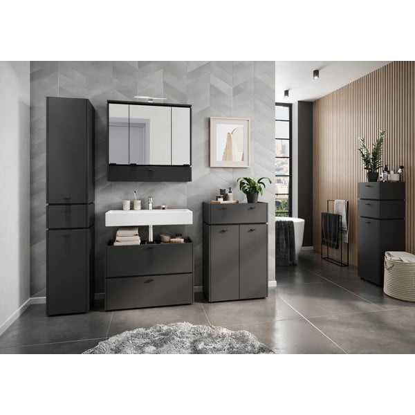 Antracīta pelēks vannas istabas skapītis ar spoguli un apgaismojumu 79x80 cm Modesto – Germania-image-3