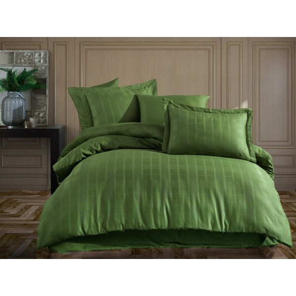 Zaļa pagarinātā gultas veļa divguļamai gultai no kokvilnas satīna ar palagu un segas pārvalku 240x260 cm Ekose – Mijolnir
