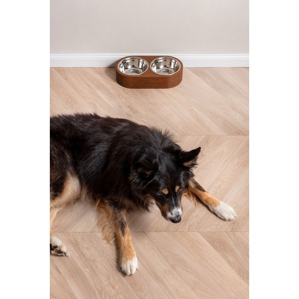 2 metāla bļodu komplekts mājdzīvniekiem tumšā koka statīvā PT LIVING Pet, platums 18 cm-image-1