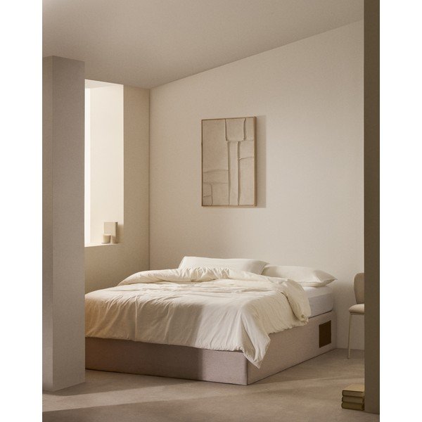 Bēša polsterēta divvietīga gulta ar veļas kasti 160x200 cm Matters – Kave Home-image-1