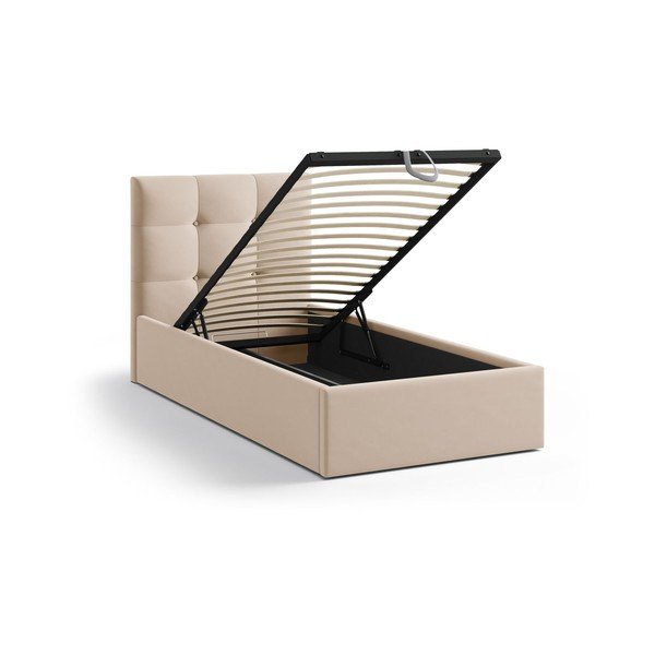 Gaiši brūna polsterēta vienvietīga gulta ar veļas kasti un redelēm 90x200 cm Phaedra – Micadoni -image-1