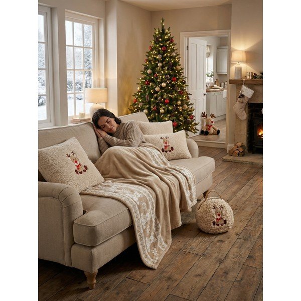 Bēšs flaneļa pleds ar Ziemassvētku motīvu 130x160 cm XMAS – Tiseco Home Studio-image-1