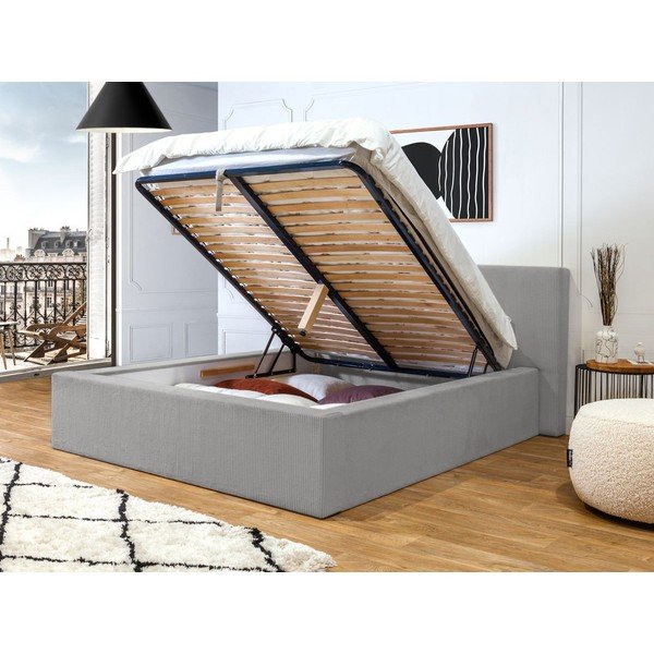 Gaiši pelēka polsterēta divvietīga gulta ar veļas kasti ar redelēm 160x200 cm Nihad – Bobochic Paris-image-3