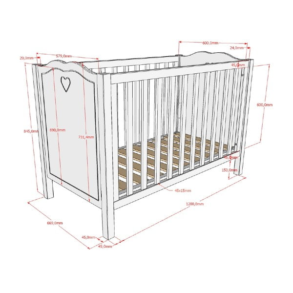 Balta priedes masīvkoka bērnu gultiņa 60x120 cm Amori – Vipack-image-2