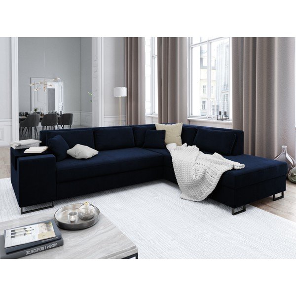 Zils samta izvelkamais stūra dīvāns Cosmopolitan Design York, labais stūris-image-1
