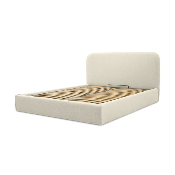 Krēmkrāsas polsterēta divvietīga gulta ar veļas kasti un redelēm 180x200 cm Sea – Scandic