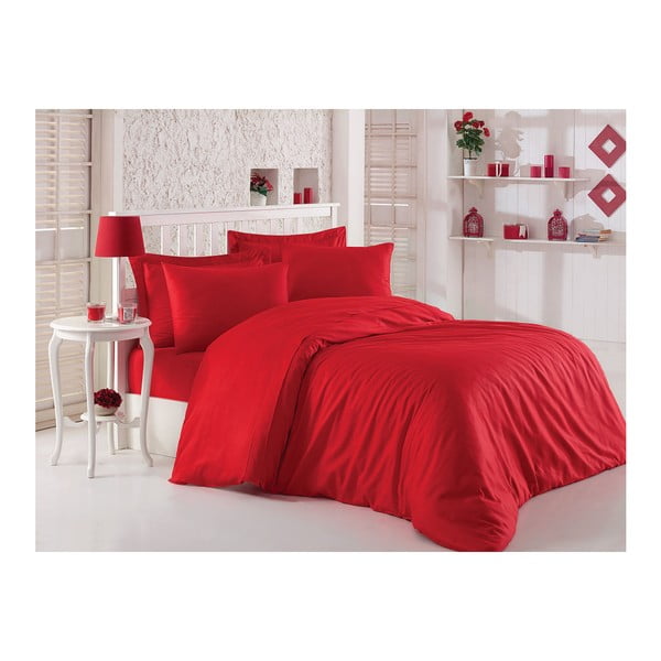 Sarkana gultas veļa ar palagu divguļamai gultai, 200 x 220 cm, baltais satīns
