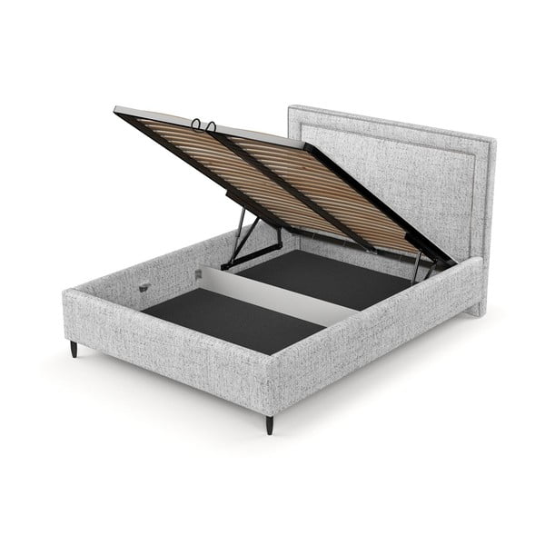 Gaiši pelēka polsterēta divvietīga gulta ar veļas kasti un redelēm 140x200 cm Baleine – Maison de Rêve-image-4