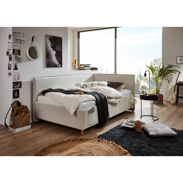 Bēša polsterēta stūra bērnu gulta ar veļas kasti ar redelēm 140x200 cm Fun – Meise Möbel-image-1