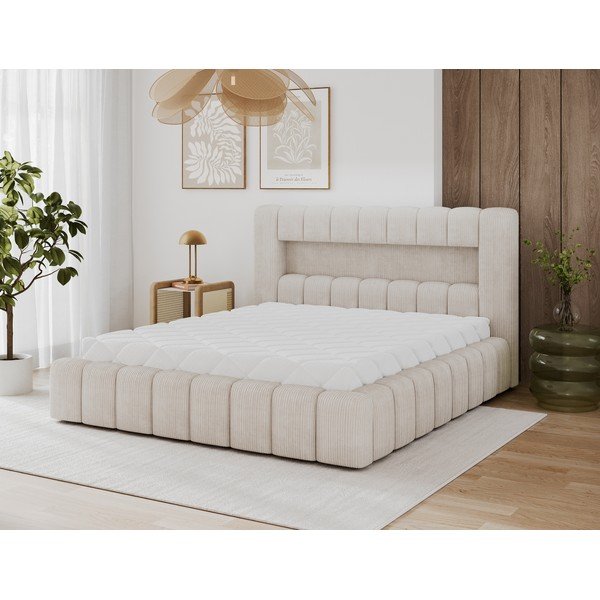 Bēša polsterēta divvietīga gulta ar veļas kasti ar redelēm 140x200 cm Lamica – ELTAP-image-4