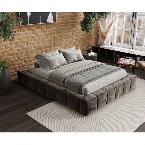 Brūna polsterēta divvietīga gulta ar veļas kasti un redelēm 180x200 cm Aruba L – Maison de Rêve-image-1