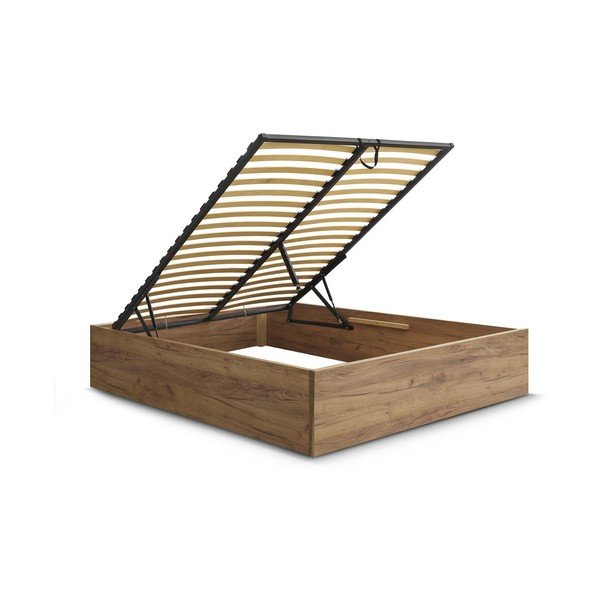 Brūna divvietīga gulta no skaidu plāksnēm ar bērza koka imitāciju ar veļas kasti/bez galvgaļa ar redelēm 140x190 cm Mara – Bobochic Paris-image-2