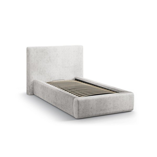 Gaiši pelēka polsterēta vienvietīga gulta ar veļas kasti un redelēm 90x200 cm Amy – Micadoni -image-2