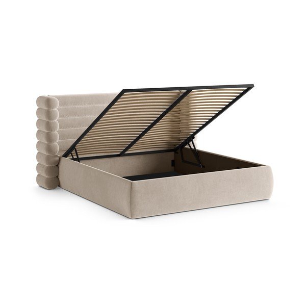 Bēša polsterēta divvietīga gulta ar veļas kasti un redelēm 160x200 cm Mount – Micadoni -image-2