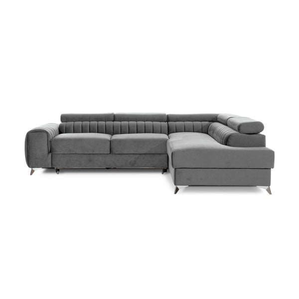 Pelēks samta salokāms/ar uzglabāšanas vietu stūra dīvāns (ar labo stūri/L veida) Laurence – ELTAP