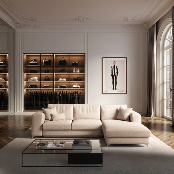 Bēšs salokāms stūra dīvāns ar uzglabāšanas vietu no buklē auduma (ar labo stūri/ar zvilni) Rene – Rodier-image-1