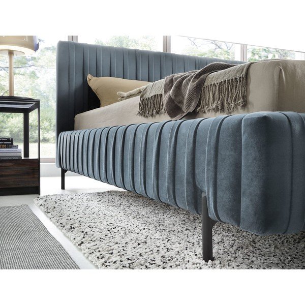 Zila polsterēta divvietīga gulta ar veļas kasti un ar redelēm 160x200 cm Plissa – ELTAP-image-3