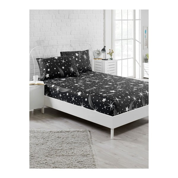 Melnas elastīgas melnas palagi un 2 spilvendrānas vienvietīgai gultai Starry Night, 160 x 200 cm