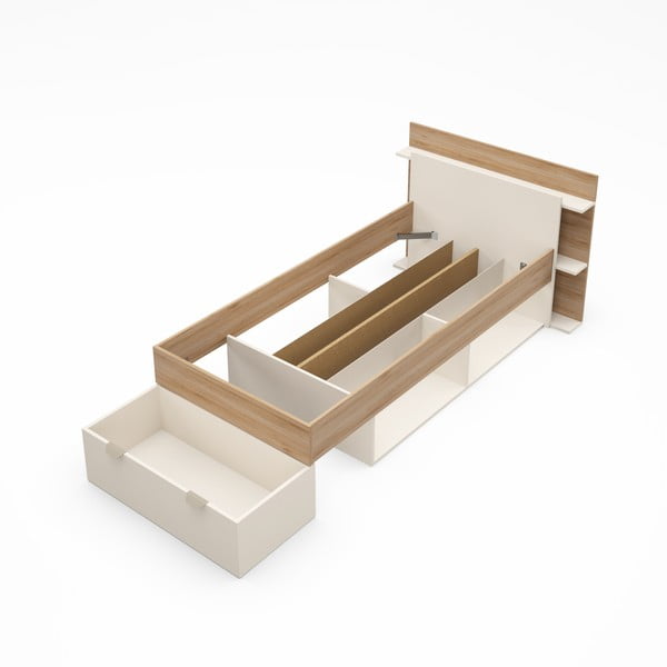 Balta/dabīga toņa vienvietīga gulta ar ozolkoka imitāciju un veļas kasti bez režģa 90x200 cm Albo – Marckeric-image-3