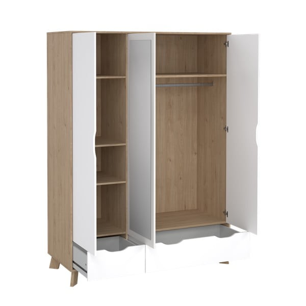 Balts/dabīga toņa drēbju skapis ar ozolkoka imitāciju un spoguli 147x201x58 cm Ikast – Tvilum-image-3