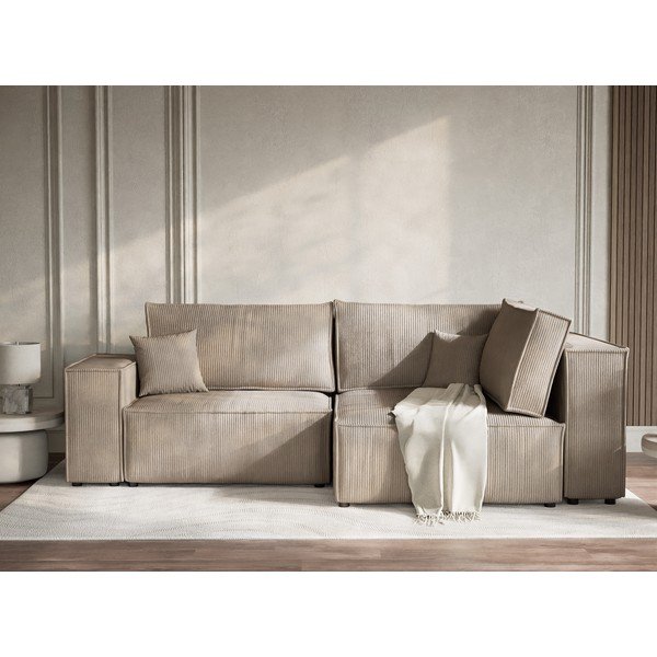 Bēšs velveta salokāms stūra dīvāns ar uzglabāšanas vietu (ar labo stūri/L veida) Tonga – Maison de Rêve-image-1