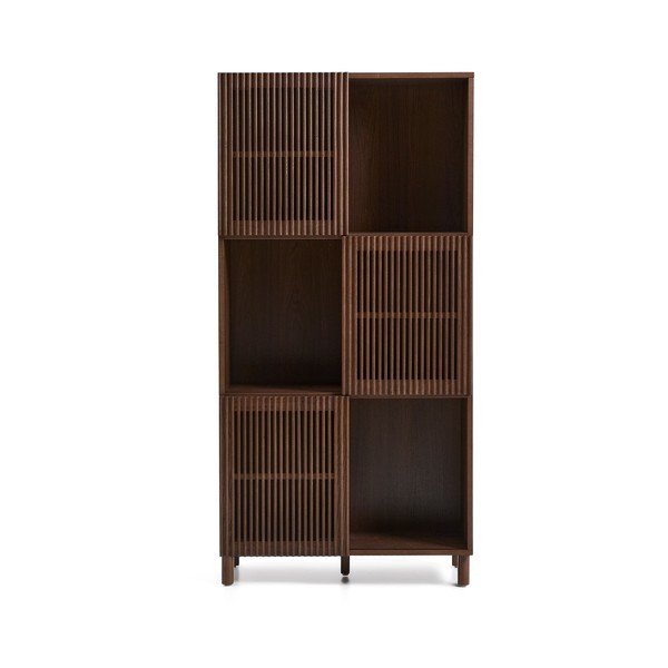 Tumši brūns grāmatplaukts ar riekstkoka imitāciju un bīdāmām durvīm 84,5x170x42,5 cm Beyla – Kave Home-image-2