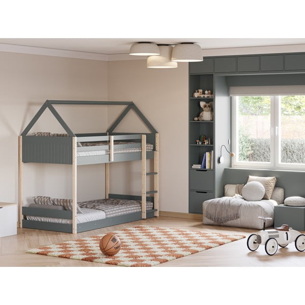 Dabīga toņa/dūmakaini zaļa bērnu gulta mājas formā/divstāvu ar redelēm 90x190 cm Valka – Marckeric-image-4