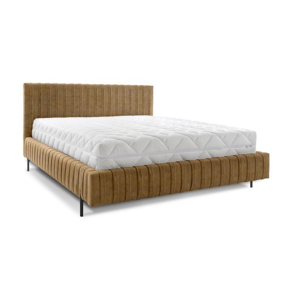 Okera dzeltena polsterēta divvietīga gulta ar veļas kasti un ar redelēm 160x200 cm Plissa – ELTAP