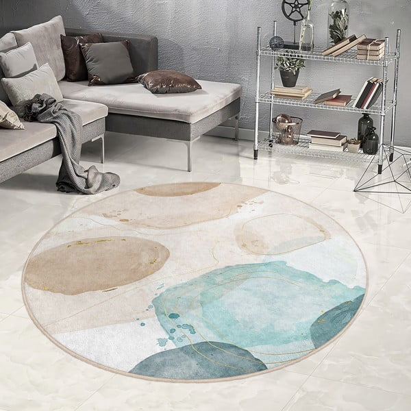 Zils/bēšs mazgājams apaļš paklājs ø 100 cm Puddle – Mila Home-image-3