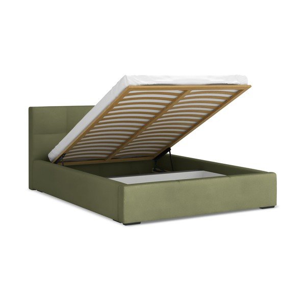 Zaļa samta polsterēta divvietīga gulta ar veļas kasti ar redelēm 140x200 cm Hiko – Makamii-image-1