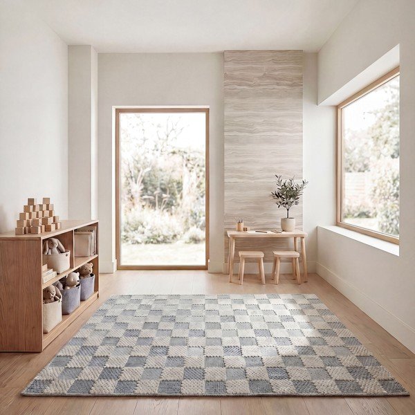 Zils mazgājams paklājs no kokvilnas maisījuma 155x230 cm Muted Checkerboard – Flair Rugs-image-3