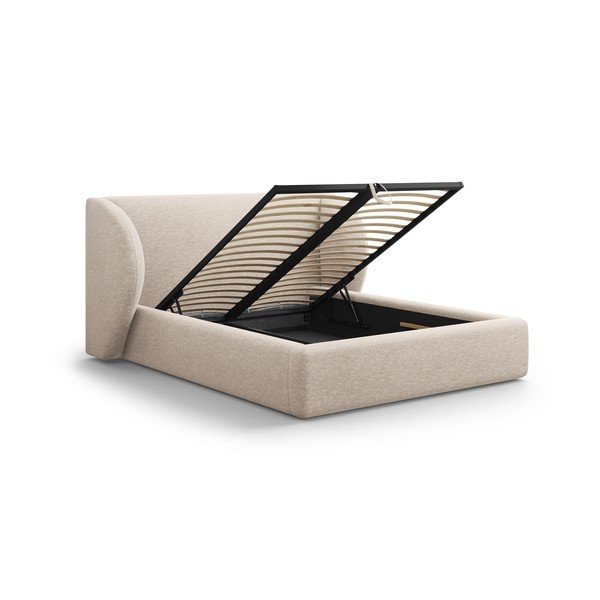 Bēša polsterēta divvietīga gulta ar veļas kasti un redelēm 160x200 cm Miley – Micadoni -image-3