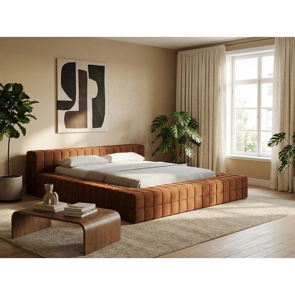 Krēmkrāsas polsterēta divvietīga gulta ar redelēm 160x200 cm Akela – Makamii-image-1