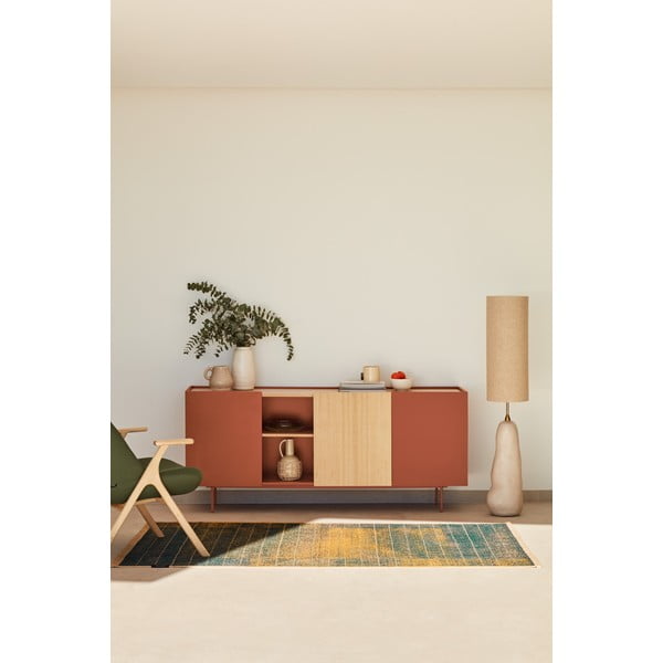 Ķieģeļu sarkana/dabīga toņa zema kumode ar ozolkoka imitāciju 180x78 cm Otto – Teulat-image-1