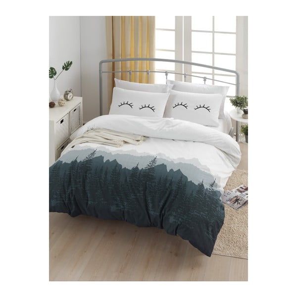 Divvietīga gultas pārklājs ar gultas veļu no ranforce kokvilnas Mijolnir Eyelash White, 160 x 220 cm