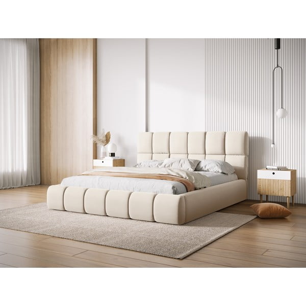 Krēmkrāsas samta polsterēta divvietīga gulta ar veļas kasti un redelēm 180x200 cm Bellis – Micadoni -image-1