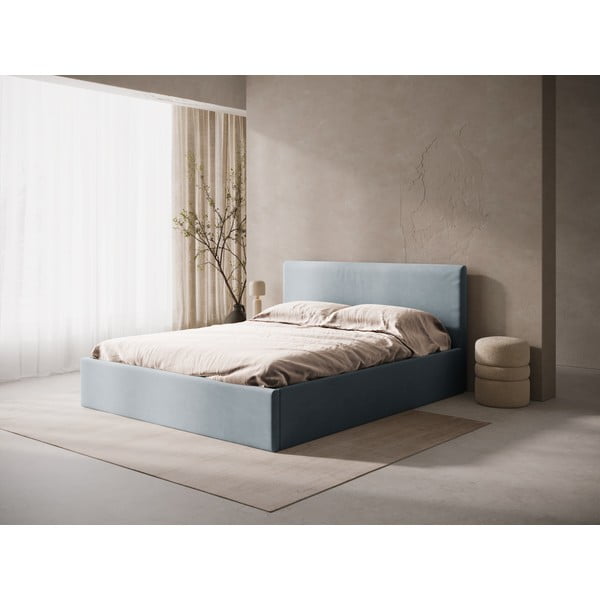 Gaiši zila polsterēta divvietīga gulta ar veļas kasti/bez galvgaļa ar redelēm 180x200 cm Susan – Micadoni -image-1