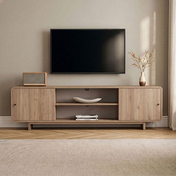 Gaiša dabīga toņa TV galdiņš ar ozolkoka imitāciju 180x52x34 cm Mirel – Nordure-image-1