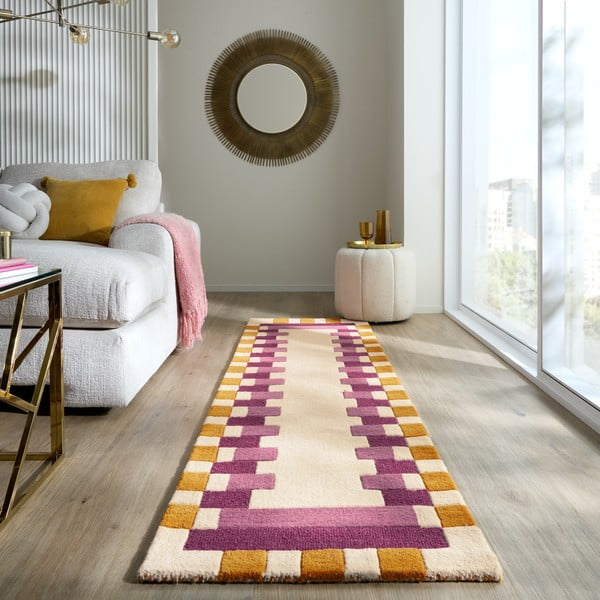 Dzeltens/rozā ar rokām darināts vilnas celiņa paklājs 60x230 cm Kai Wool Border – Flair Rugs-image-1
