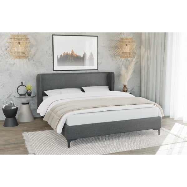 Tumši pelēka polsterēta divvietīga gulta ar redelēm 140x200 cm Basti – Ropez-image-3