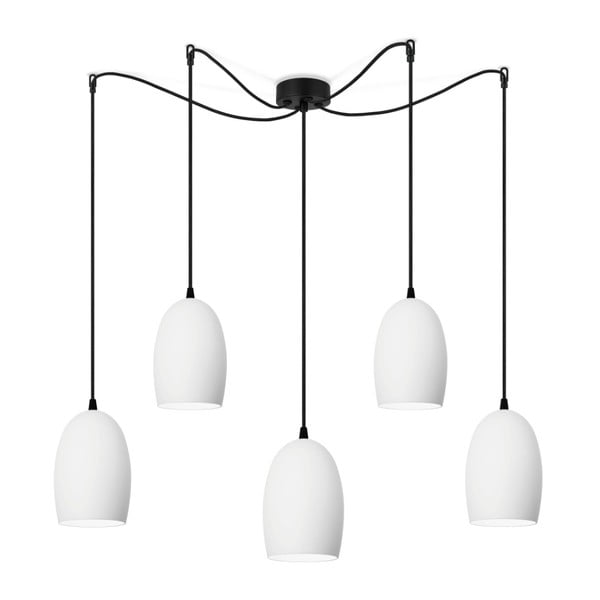 Balta matēta griestu lampa ar pieciem abažūriem un melnu kabeli Sotto Luce Ume