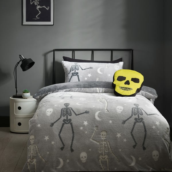 Pelēka divguļamā mikroplīša bērnu gultas veļa ar spīdošu efektu 200x200 cm Halloween Skeleton – Catherine Lansfield-image-1