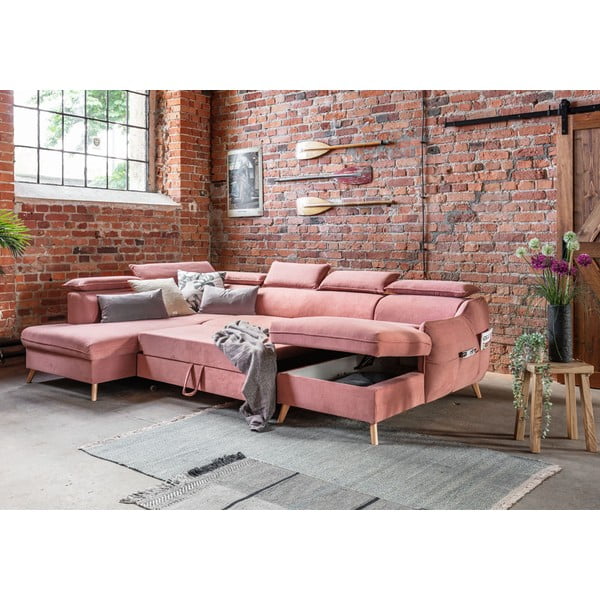 Gaiši rozā samta salokāms stūra dīvāns (ar kreiso stūri/U veida) Sweet Harmony – Miuform-image-3