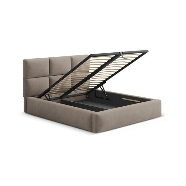 Gaiši brūna polsterēta divvietīga gulta ar veļas kasti ar redelēm 160x200 cm Libera – Windsor & Co Sofas-image-3