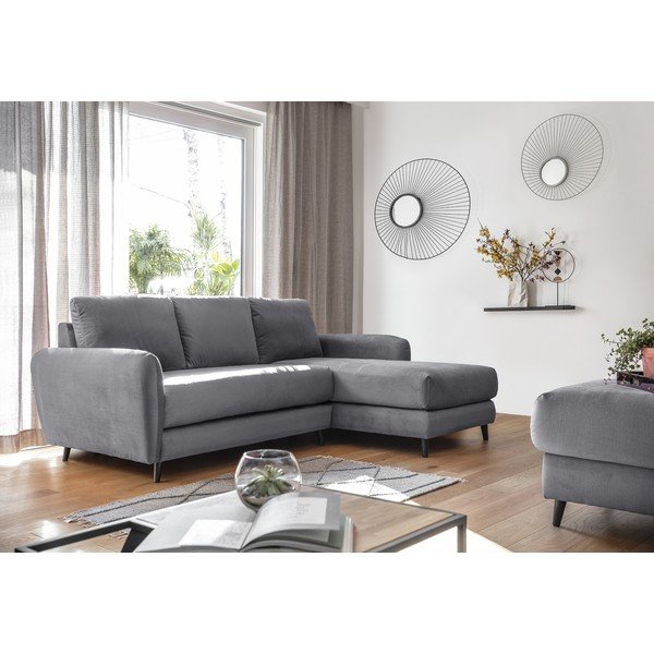 Gaiši pelēks samta stūra dīvāns ar kāju soliņu Miuform Cozy Claire, labais stūris-image-3