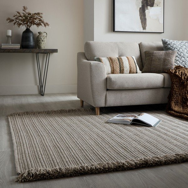 Pelēks ar rokām darināts paklājs no vilnas maisījuma 160x230 cm Rene Fringed Ribbed – Flair Rugs-image-1