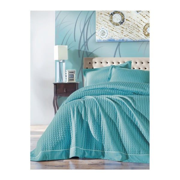 Tirkīza krāsas dubultā gultas pārklāja un 2 spilvendrānu komplekts Permento Azul, 230 x 260 cm